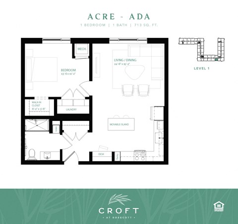 Floor plan for 1 bed, 1 bath, 713 sqft